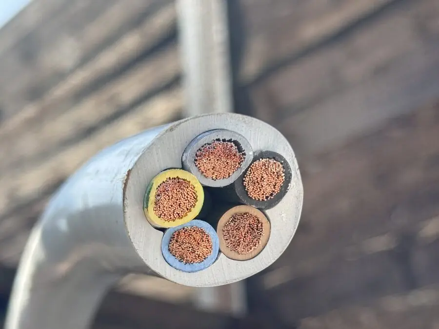 Angeschnittenes fünfadriges Kabel: in jeder Ader ein dicht gepacktes Bündel blanker Kupferdrähte – der Anteil, der den Preis bestimmt.